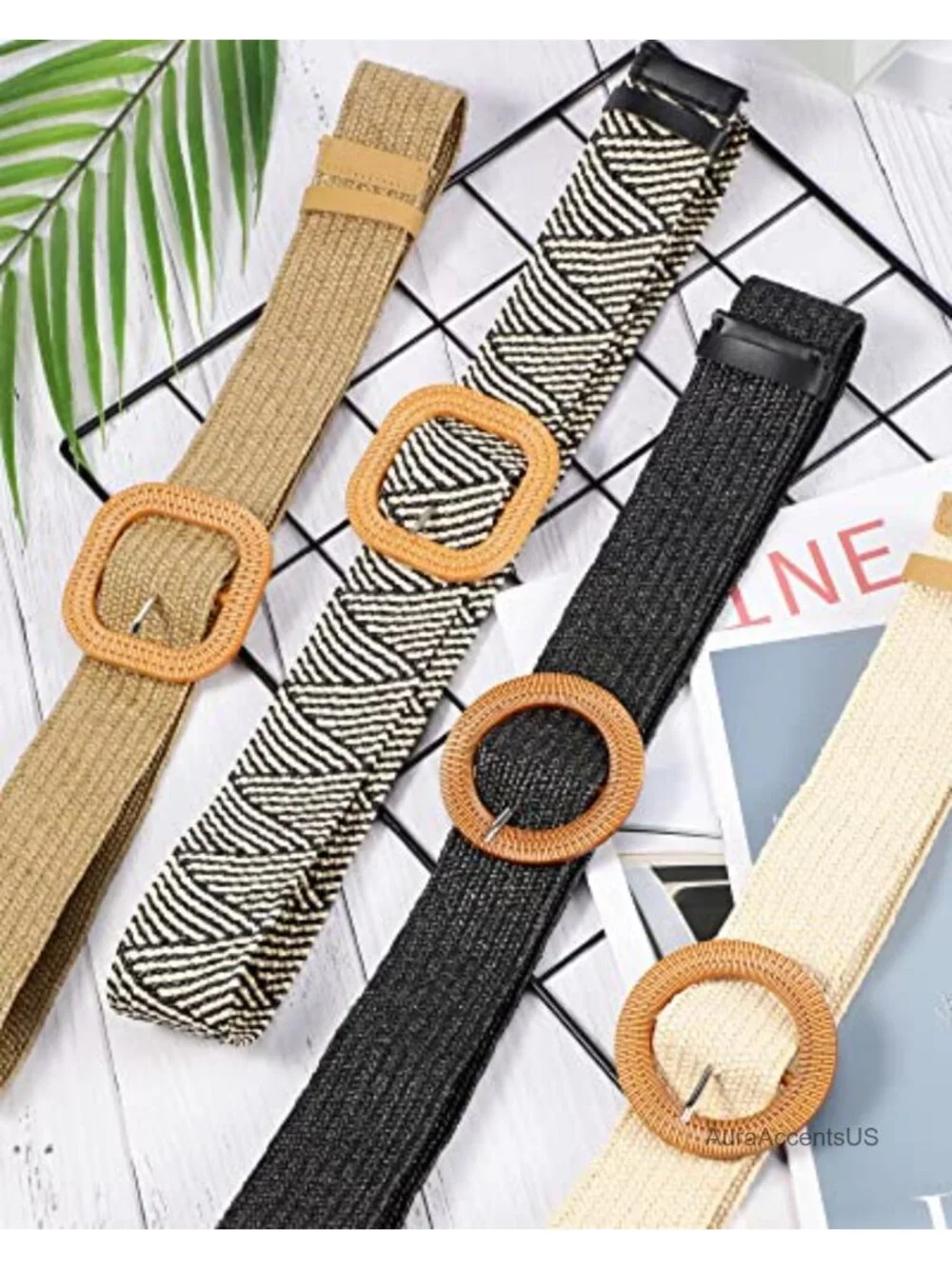 4 Pack Elastic Raffia Woven Belt, Boho Rattan Buckle Stretch Straw Wide Waist